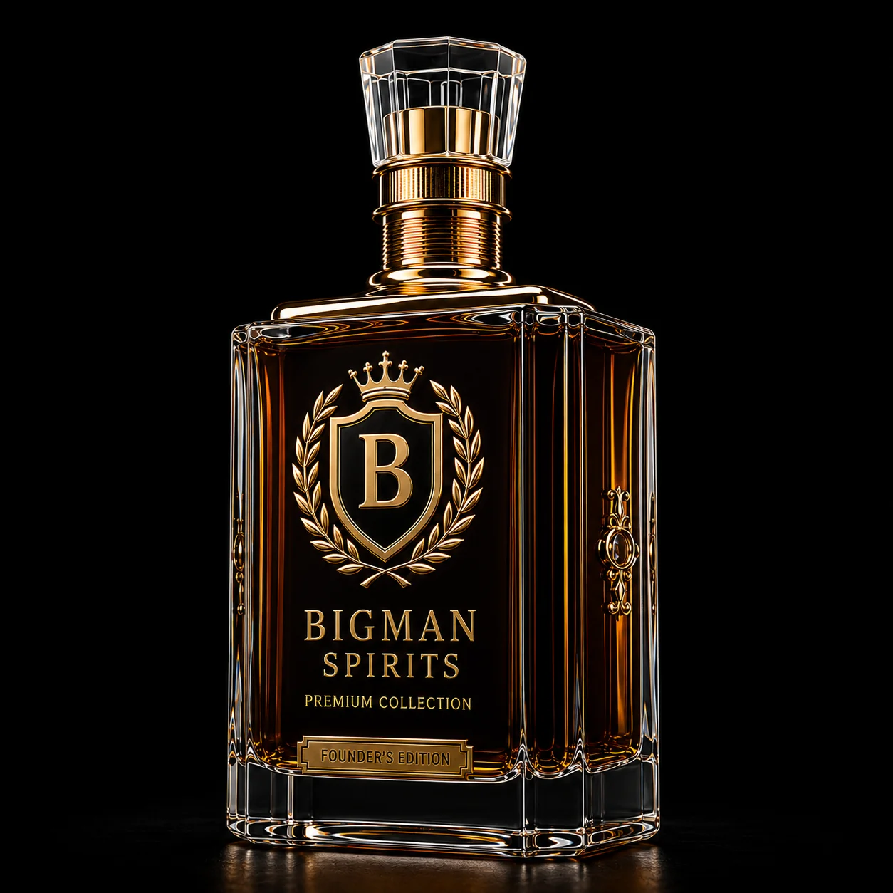 Chai thủy tinh cao cấp BS001 - Founder Square — mẫu chai rượu thiết kế riêng BIGMAN SPIRITS, góc nghiêng 3/4