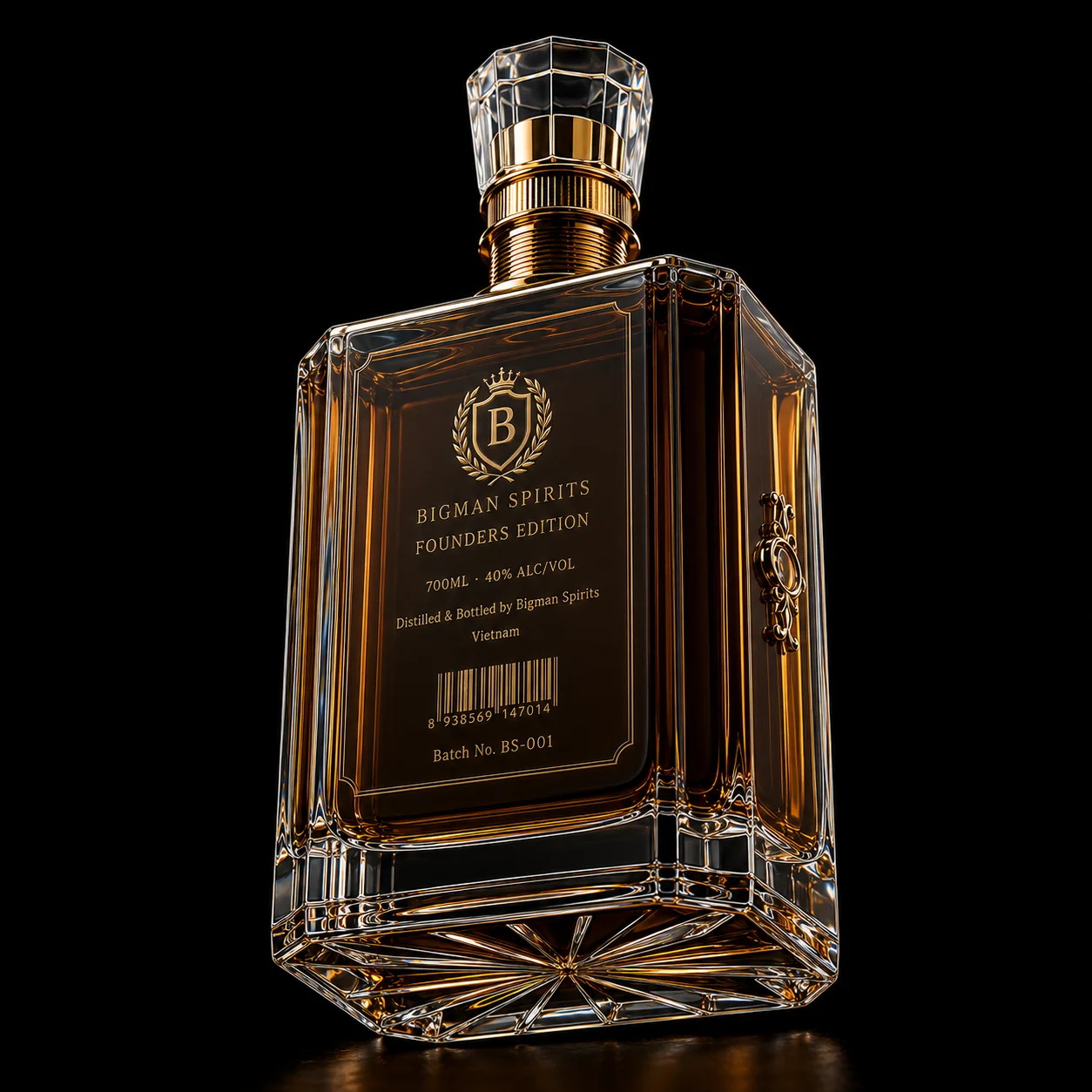 Chai thủy tinh cao cấp BS001 - Founder Square — mẫu chai rượu thiết kế riêng BIGMAN SPIRITS, mặt sau và đáy chai