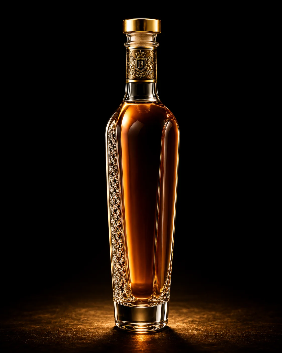 Chai thủy tinh cao cấp BS002 - Royal Lion — mẫu chai rượu thiết kế riêng BIGMAN SPIRITS, góc nghiêng 3/4