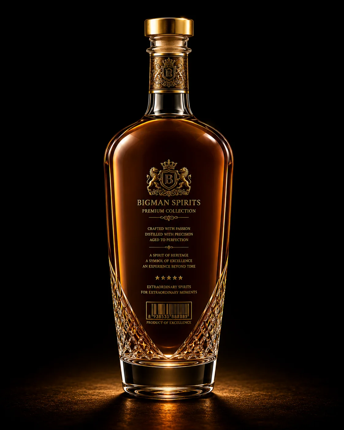 Chai thủy tinh cao cấp BS002 - Royal Lion — mẫu chai rượu thiết kế riêng BIGMAN SPIRITS, mặt sau và đáy chai
