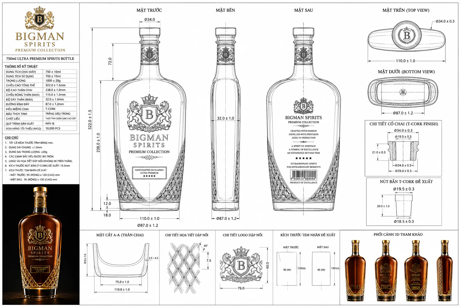 Bản vẽ kỹ thuật chai thủy tinh BS002 - Royal Lion — thiết kế và sản xuất chai rượu OEM/ODM BIGMAN SPIRITS