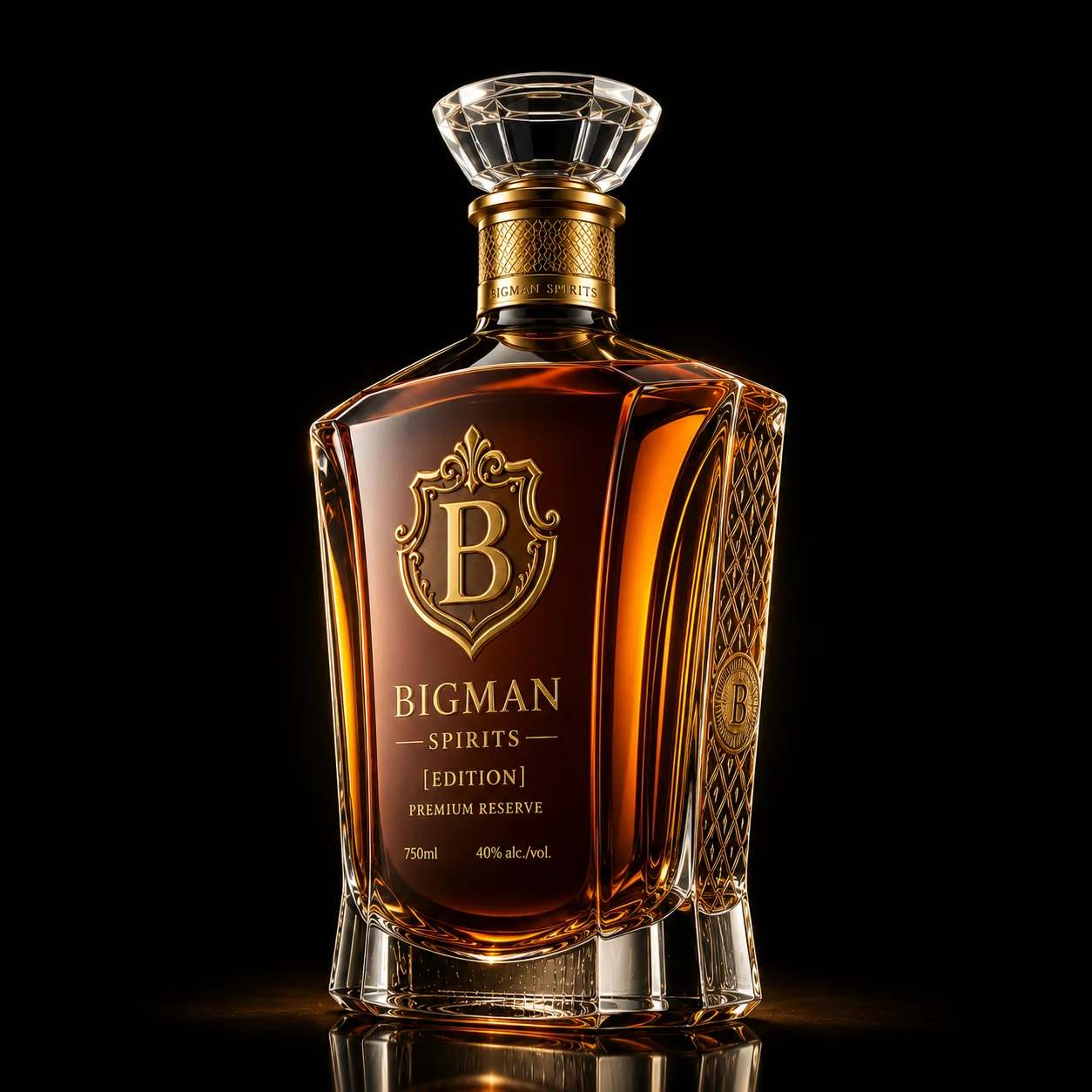 Chai thủy tinh cao cấp BS004 - Heritage XO — mẫu chai rượu thiết kế riêng BIGMAN SPIRITS, góc nghiêng 3/4