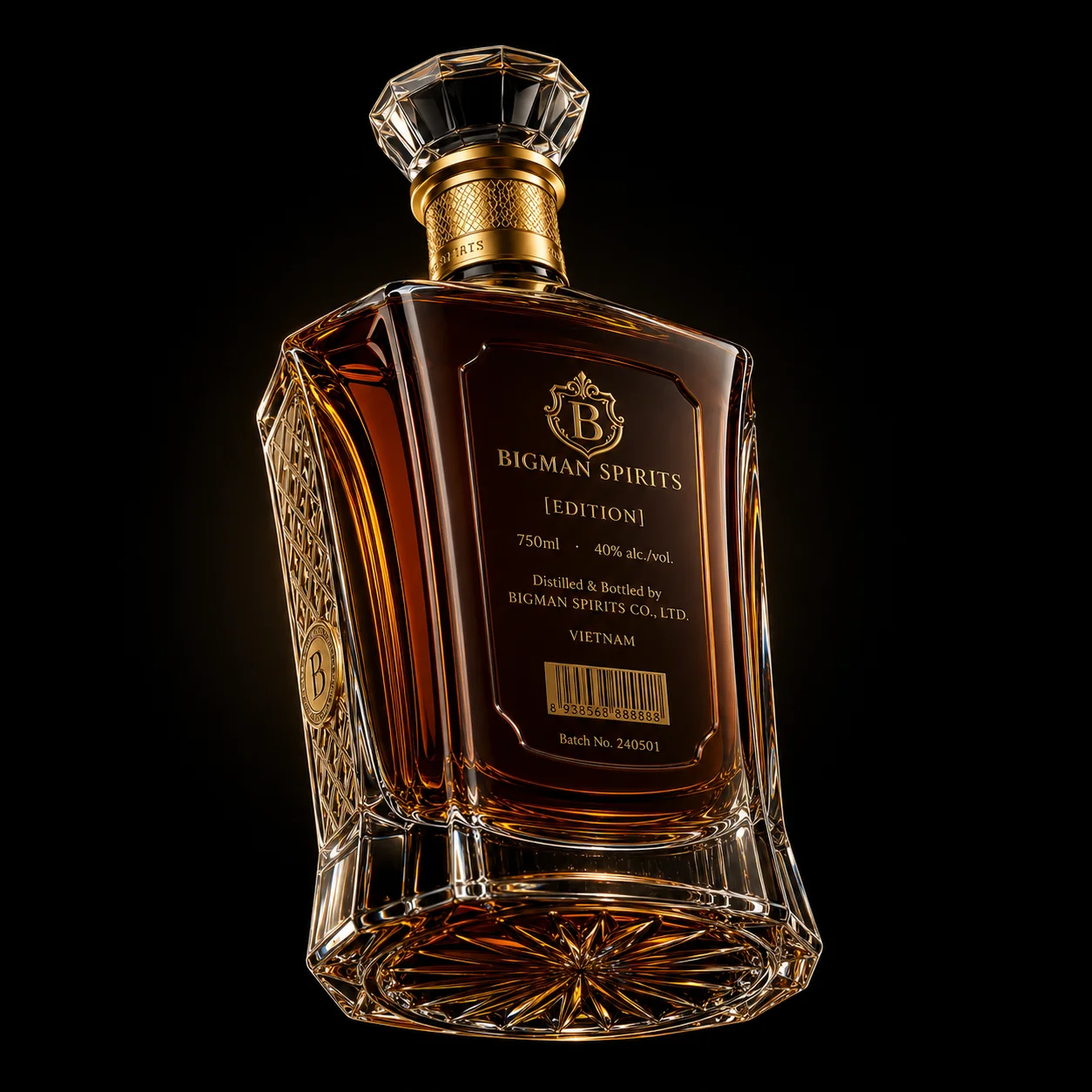 Chai thủy tinh cao cấp BS004 - Heritage XO — mẫu chai rượu thiết kế riêng BIGMAN SPIRITS, mặt sau và đáy chai