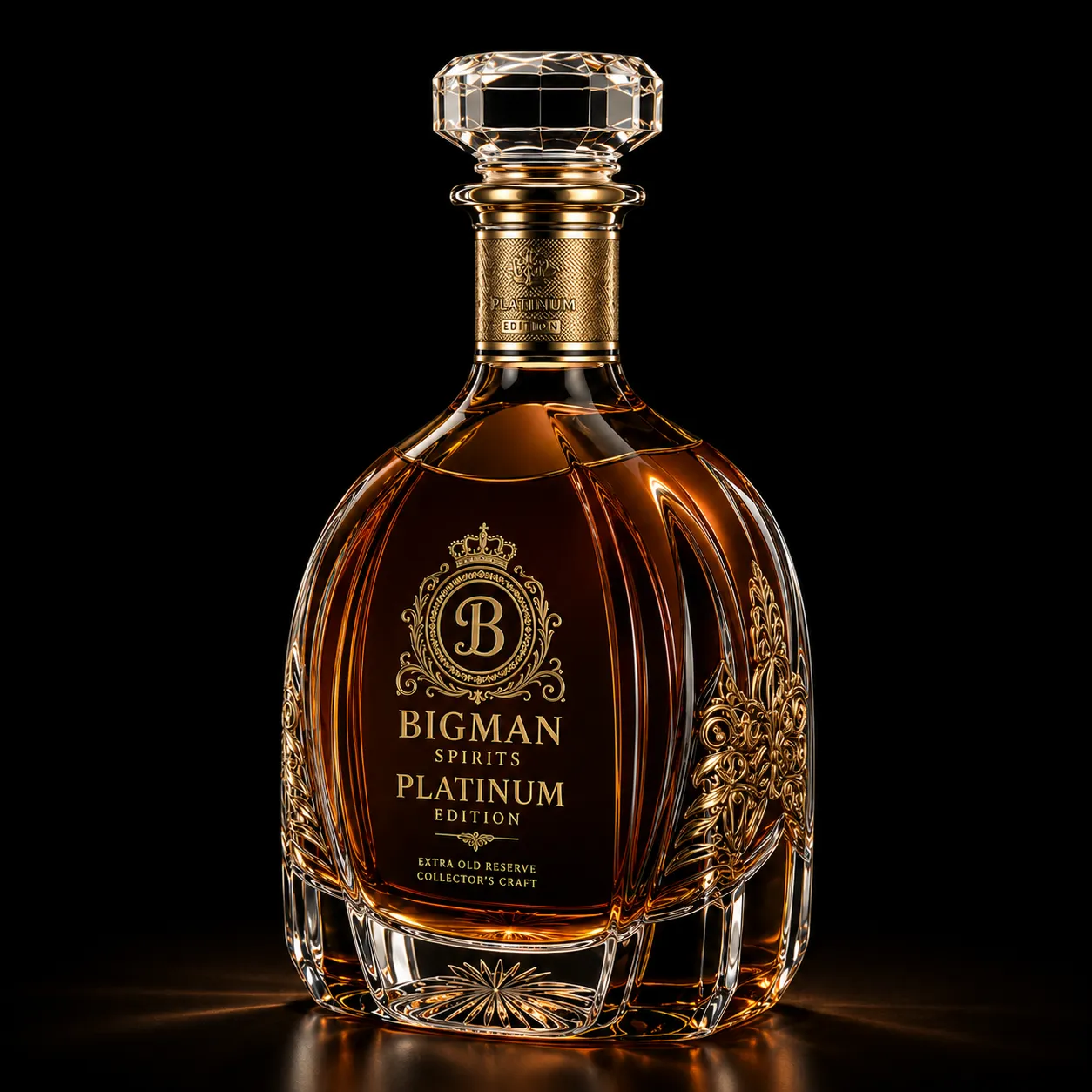 Chai thủy tinh cao cấp BS005 - Platinum Arch — mẫu chai rượu thiết kế riêng BIGMAN SPIRITS, góc nghiêng 3/4