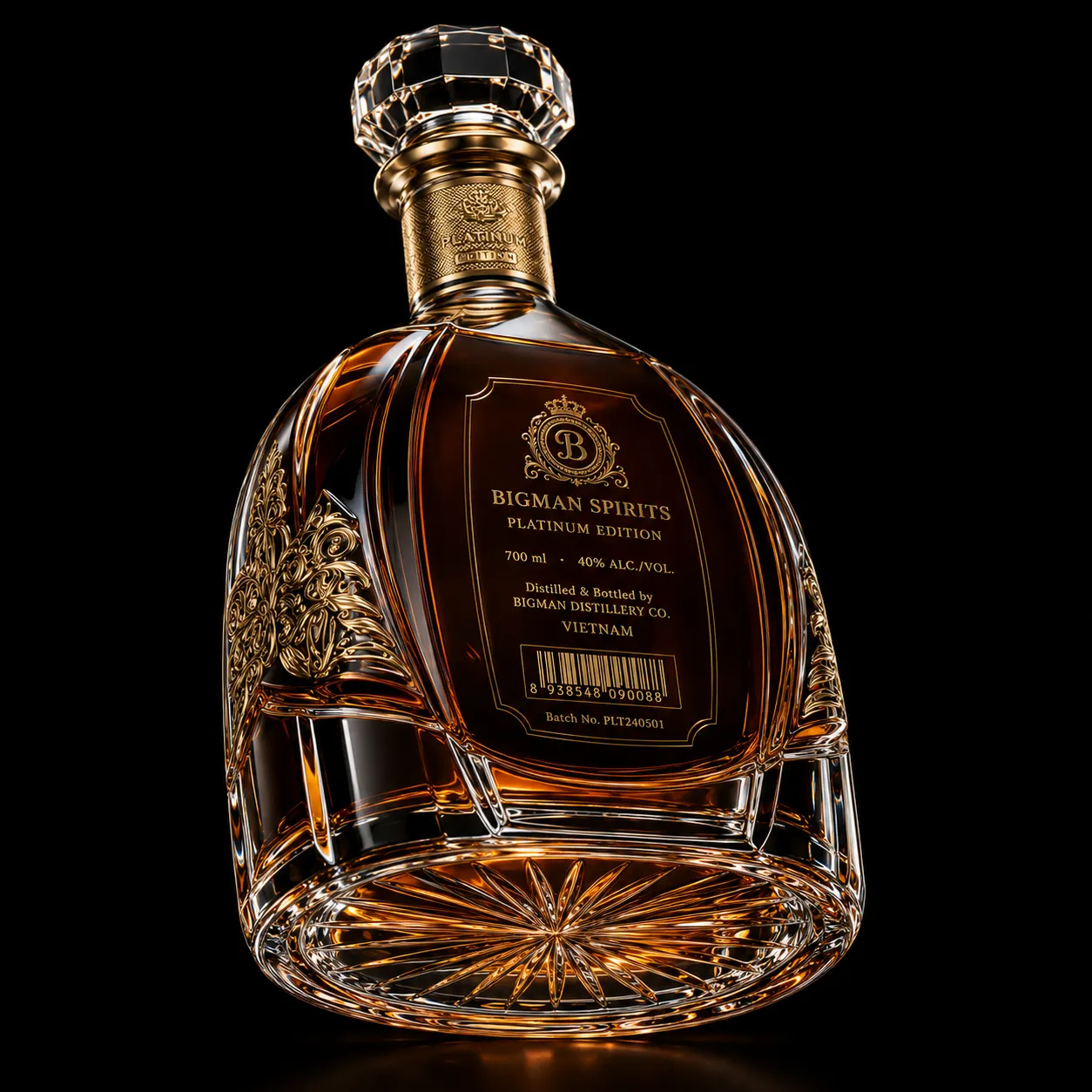 Chai thủy tinh cao cấp BS005 - Platinum Arch — mẫu chai rượu thiết kế riêng BIGMAN SPIRITS, mặt sau và đáy chai