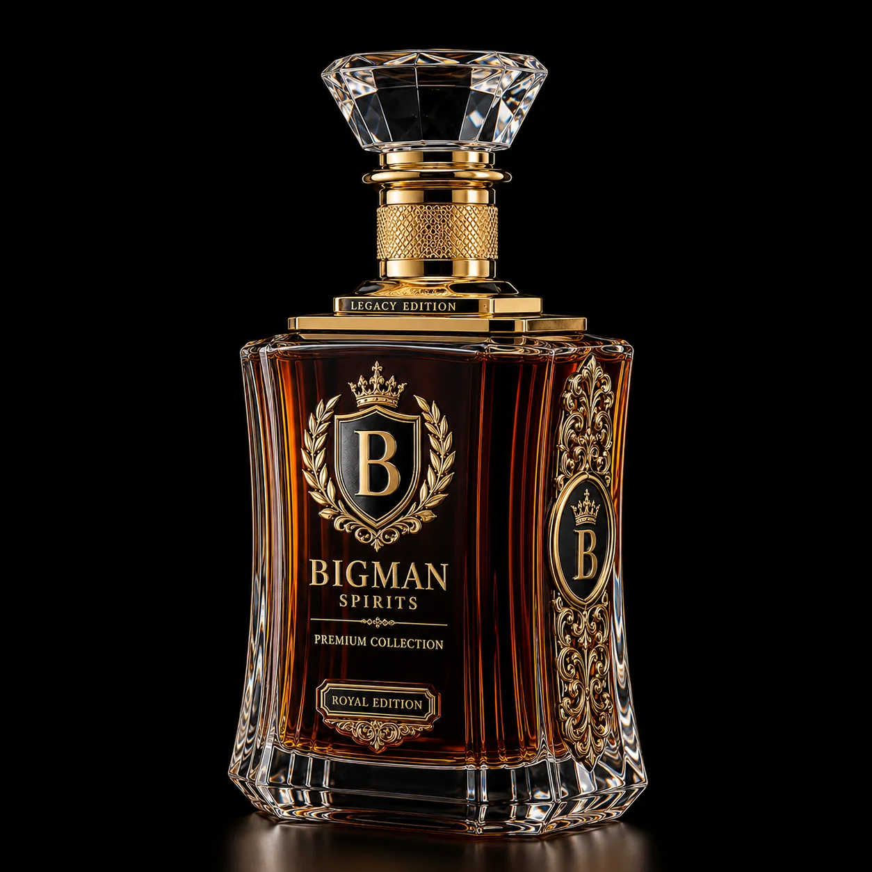 Chai thủy tinh cao cấp BS006 - Legacy Crown — mẫu chai rượu thiết kế riêng BIGMAN SPIRITS, góc nghiêng 3/4