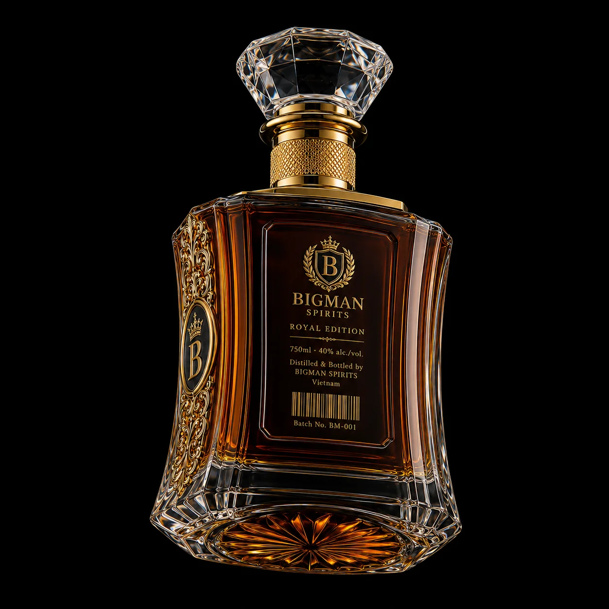 Chai thủy tinh cao cấp BS006 - Legacy Crown — mẫu chai rượu thiết kế riêng BIGMAN SPIRITS, mặt sau và đáy chai