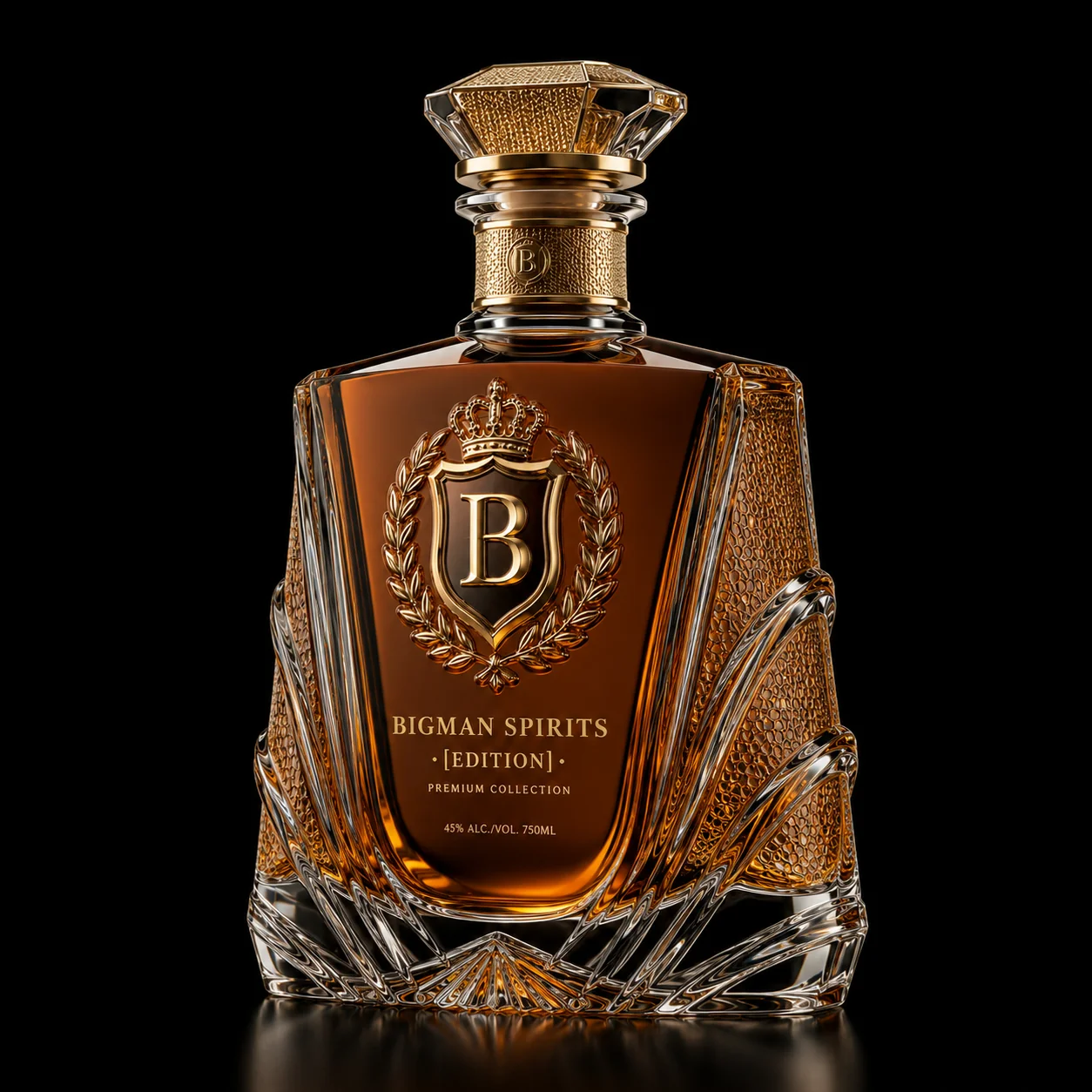 Chai thủy tinh cao cấp BS011 - Gatsby Sunburst — mẫu chai rượu thiết kế riêng BIGMAN SPIRITS, góc nghiêng 3/4