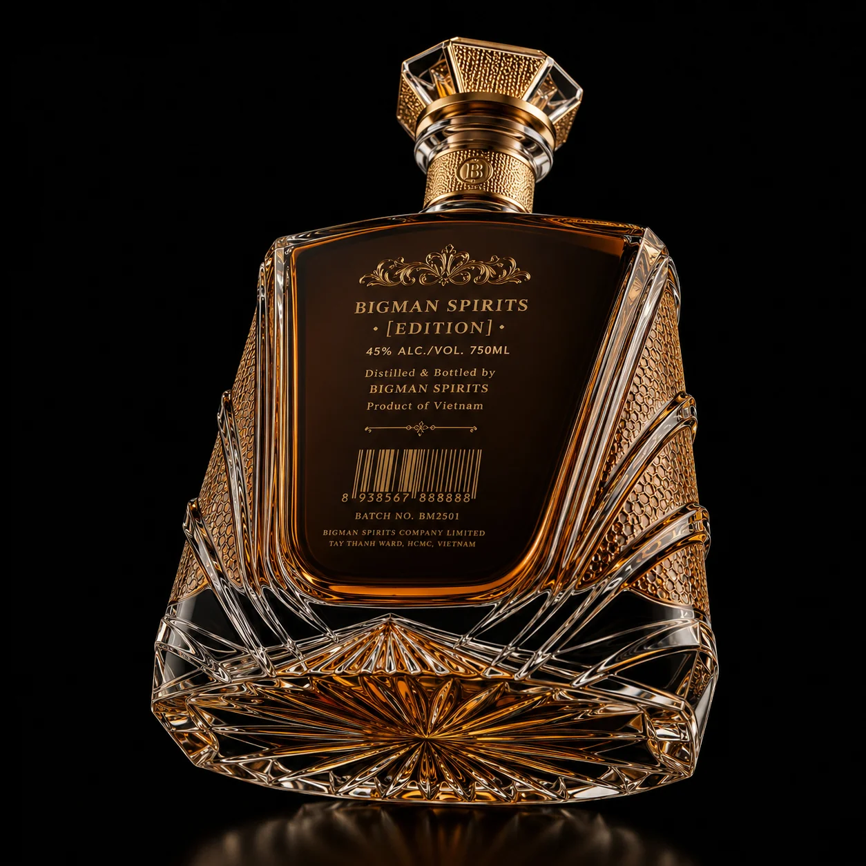 Chai thủy tinh cao cấp BS011 - Gatsby Sunburst — mẫu chai rượu thiết kế riêng BIGMAN SPIRITS, mặt sau và đáy chai