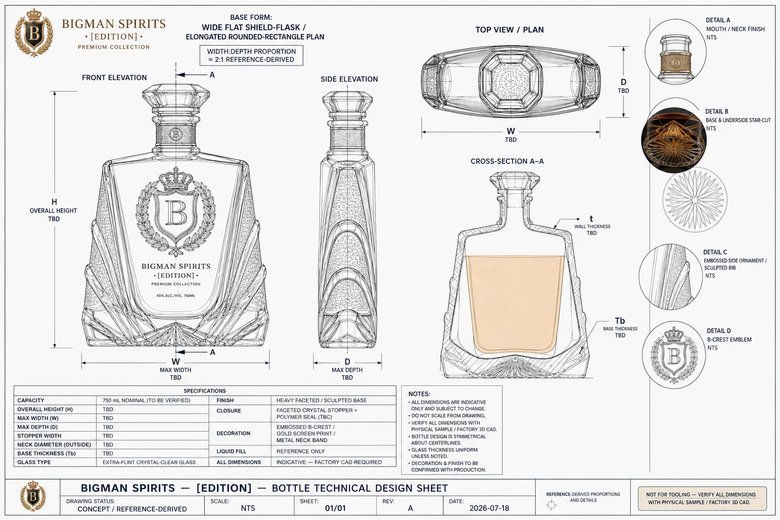 Bản vẽ kỹ thuật chai thủy tinh BS011 - Gatsby Sunburst — thiết kế và sản xuất chai rượu OEM/ODM BIGMAN SPIRITS