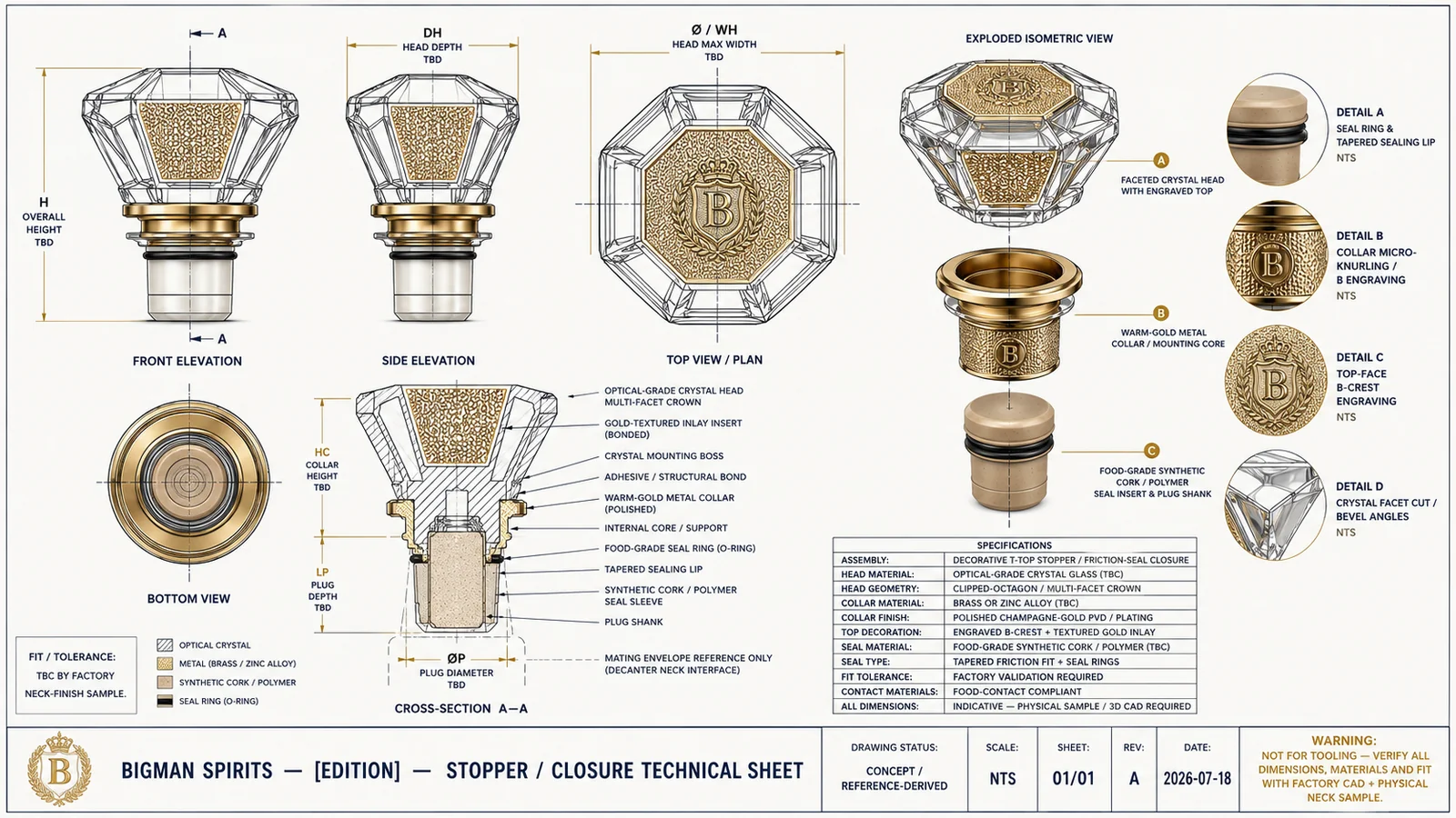 Bản vẽ kỹ thuật nắp chai pha lê BS011 - Gatsby Sunburst — gia công nắp chai rượu cao cấp BIGMAN SPIRITS