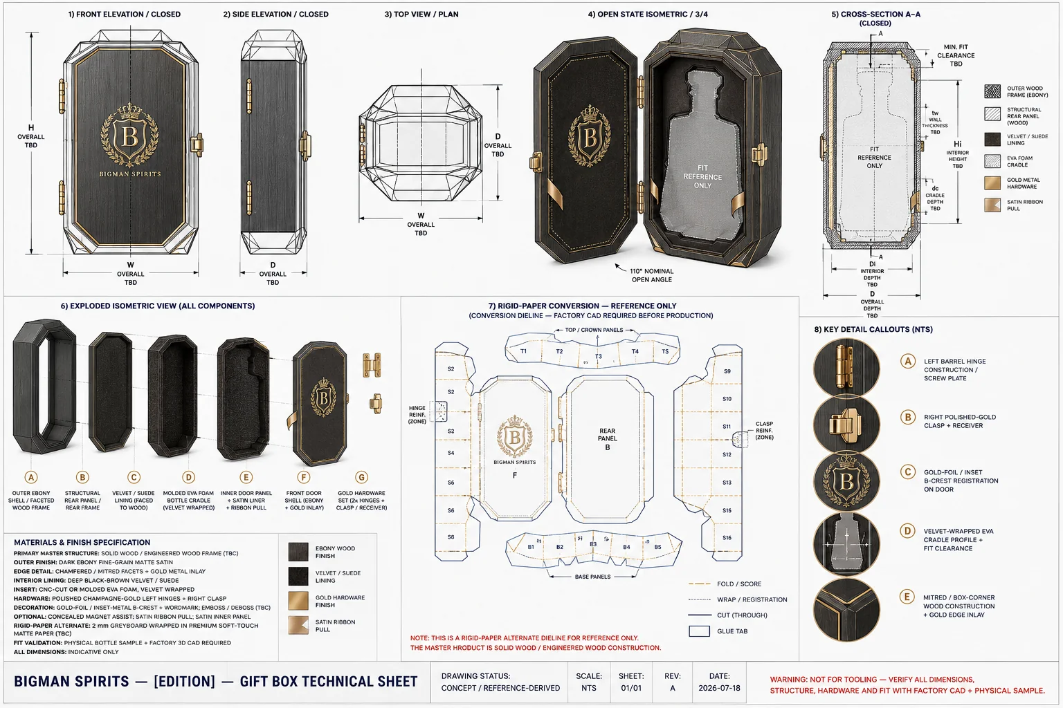 Bản vẽ kỹ thuật hộp quà rượu BS011 - Gatsby Sunburst — dieline và kích thước hộp quà cao cấp BIGMAN SPIRITS