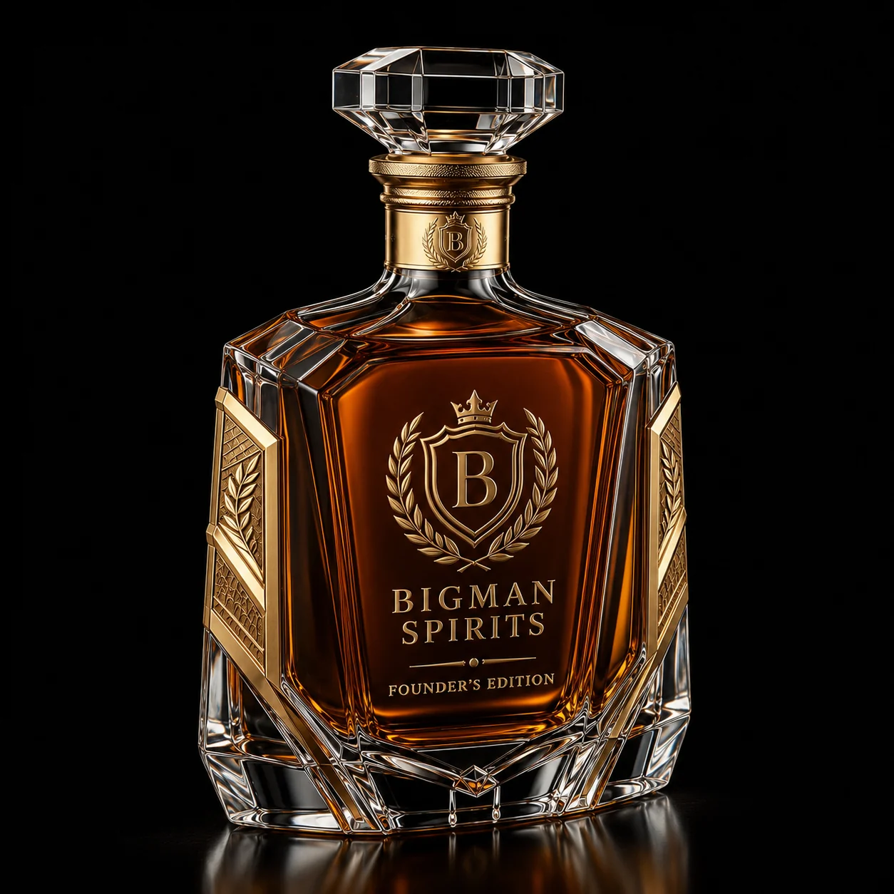 Chai thủy tinh cao cấp BS012 - Founder Gold — mẫu chai rượu thiết kế riêng BIGMAN SPIRITS, góc nghiêng 3/4