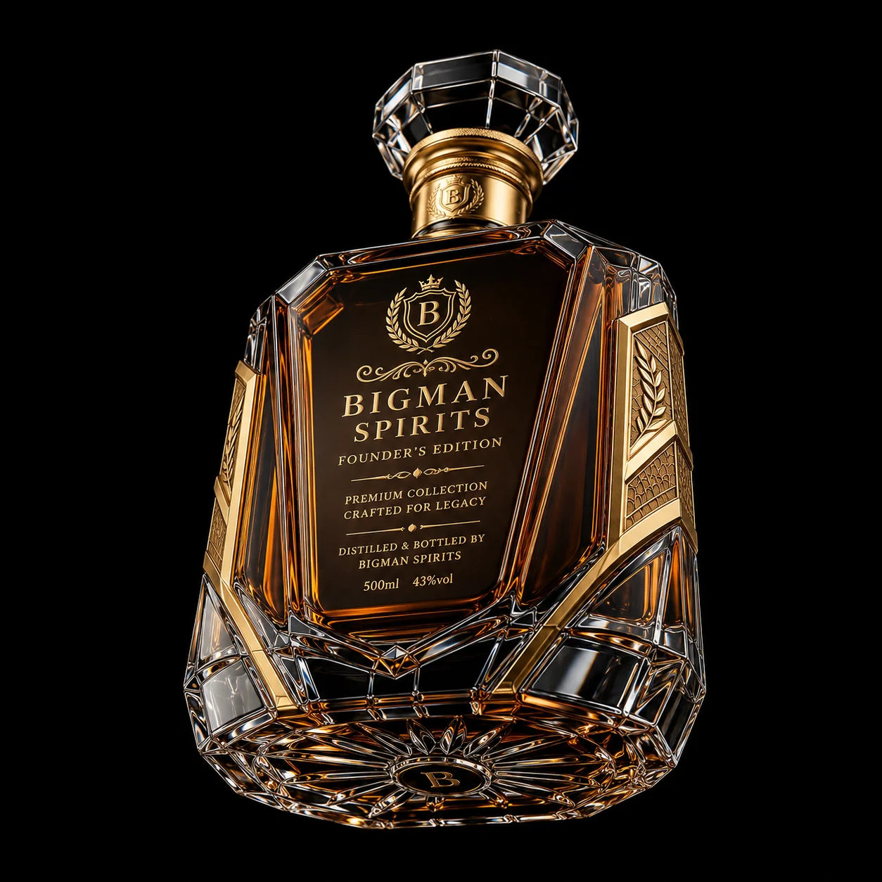 Chai thủy tinh cao cấp BS012 - Founder Gold — mẫu chai rượu thiết kế riêng BIGMAN SPIRITS, mặt sau và đáy chai
