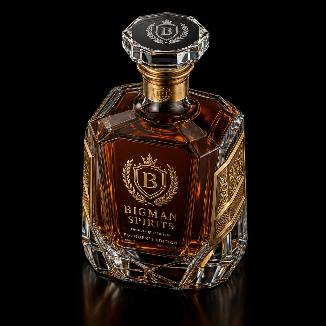 Chai thủy tinh cao cấp BS012 - Founder Gold — mẫu chai rượu thiết kế riêng BIGMAN SPIRITS, cận cảnh nắp chai