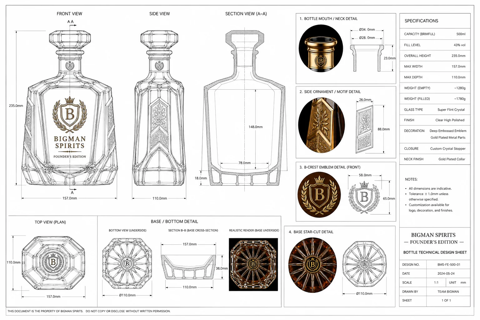 Bản vẽ kỹ thuật chai thủy tinh BS012 - Founder Gold — thiết kế và sản xuất chai rượu OEM/ODM BIGMAN SPIRITS