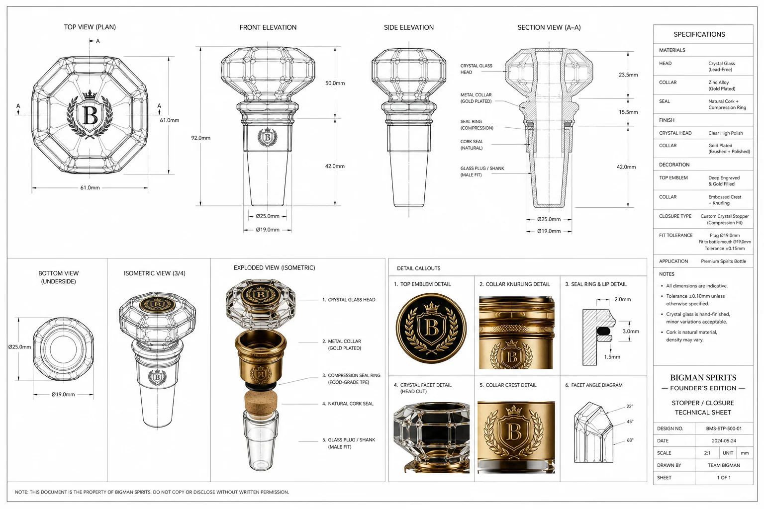 Bản vẽ kỹ thuật nắp chai pha lê BS012 - Founder Gold — gia công nắp chai rượu cao cấp BIGMAN SPIRITS