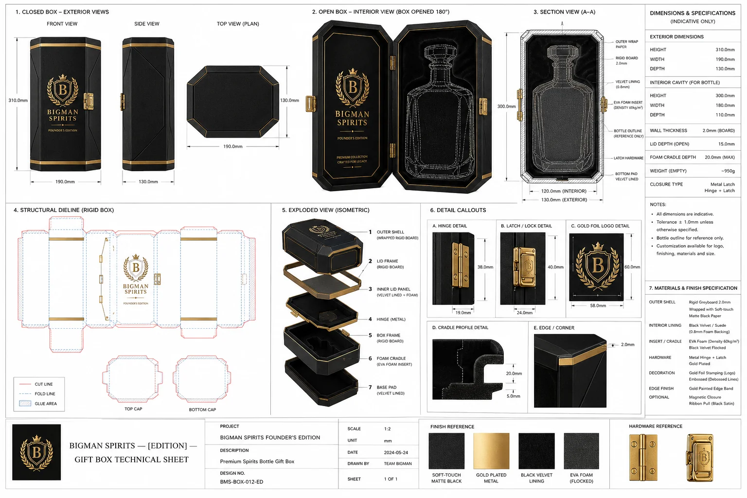 Bản vẽ kỹ thuật hộp quà rượu BS012 - Founder Gold — dieline và kích thước hộp quà cao cấp BIGMAN SPIRITS