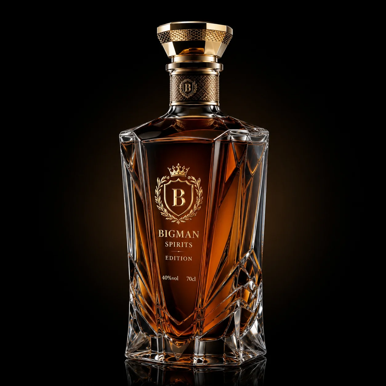 Chai thủy tinh cao cấp BS014 - Sovereign Facet — mẫu chai rượu thiết kế riêng BIGMAN SPIRITS, góc nghiêng 3/4