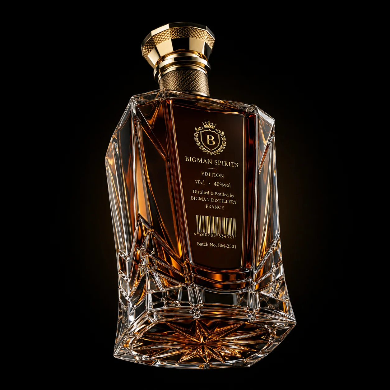 Chai thủy tinh cao cấp BS014 - Sovereign Facet — mẫu chai rượu thiết kế riêng BIGMAN SPIRITS, mặt sau và đáy chai