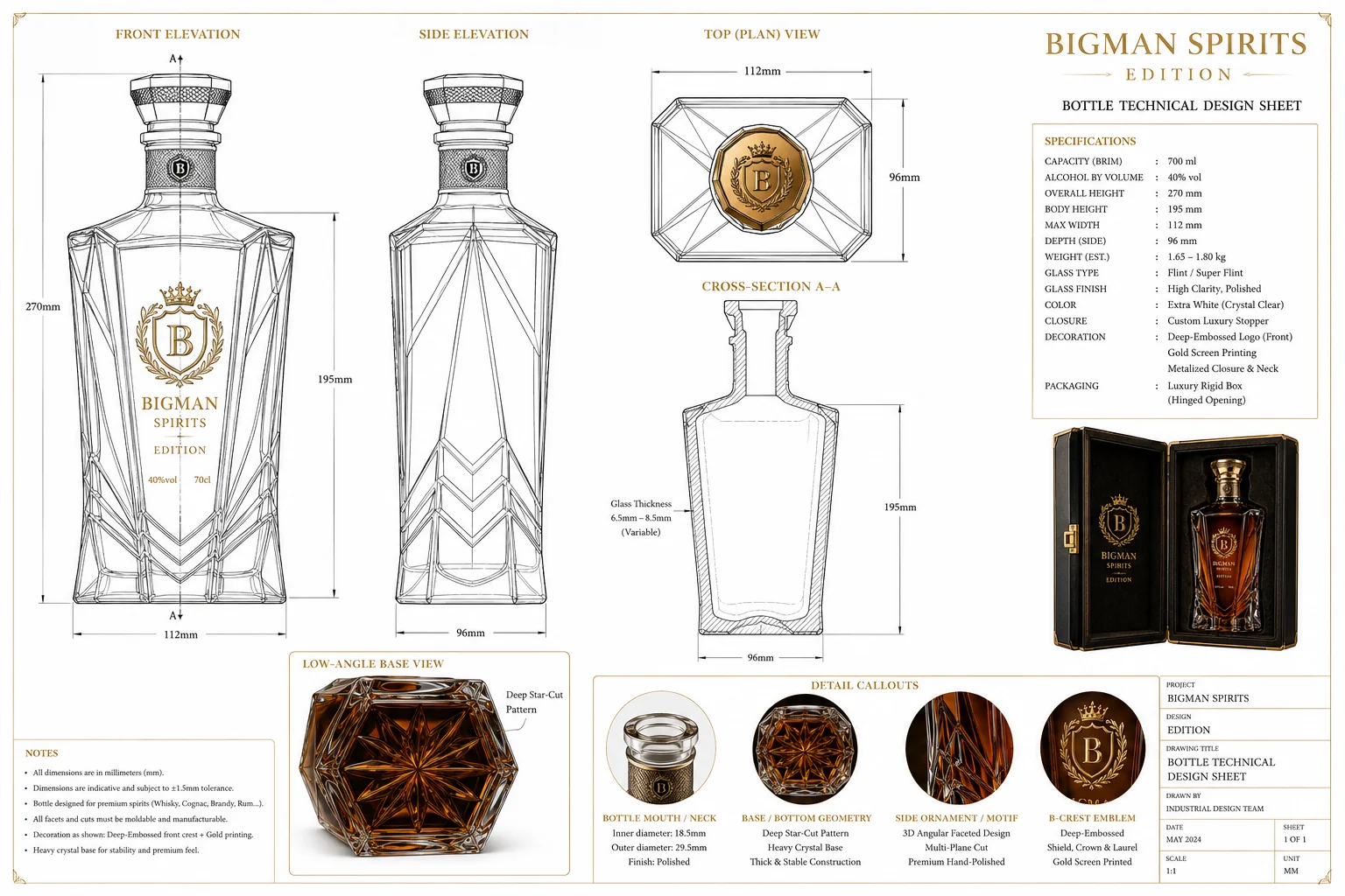 Bản vẽ kỹ thuật chai thủy tinh BS014 - Sovereign Facet — thiết kế và sản xuất chai rượu OEM/ODM BIGMAN SPIRITS