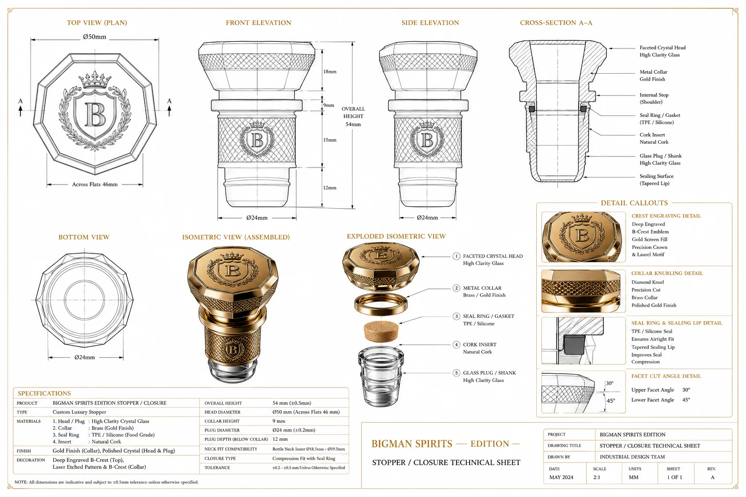 Bản vẽ kỹ thuật nắp chai pha lê BS014 - Sovereign Facet — gia công nắp chai rượu cao cấp BIGMAN SPIRITS