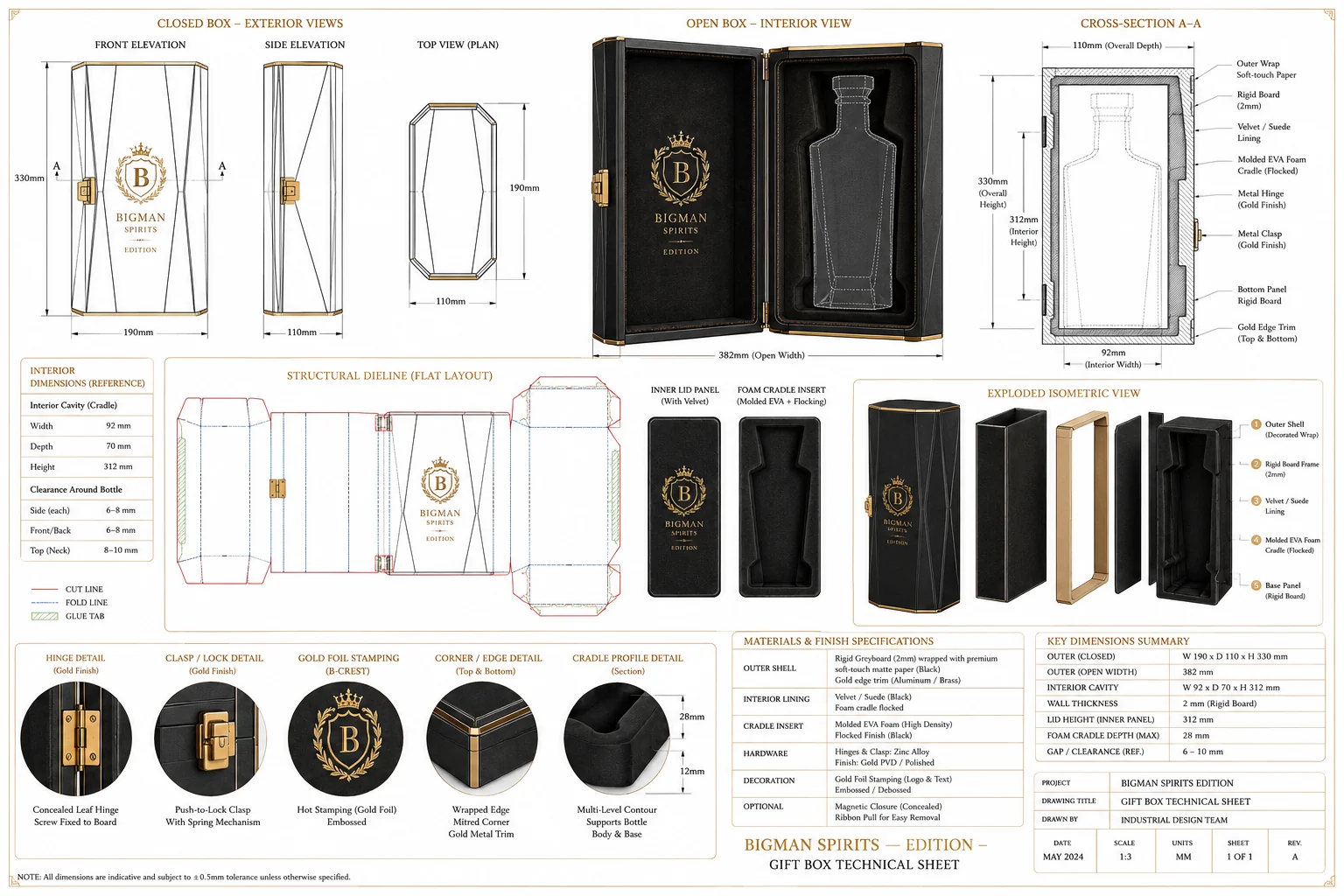 Bản vẽ kỹ thuật hộp quà rượu BS014 - Sovereign Facet — dieline và kích thước hộp quà cao cấp BIGMAN SPIRITS
