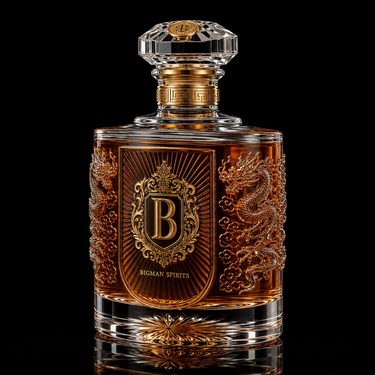 Chai thủy tinh cao cấp BS015 - Imperial Dragon — mẫu chai rượu thiết kế riêng BIGMAN SPIRITS, góc nghiêng 3/4