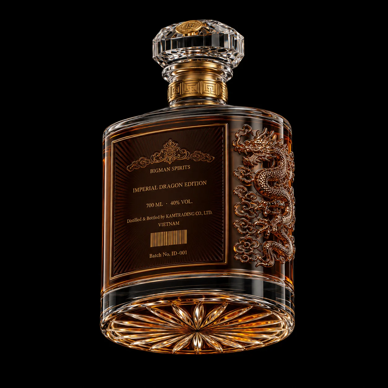 Chai thủy tinh cao cấp BS015 - Imperial Dragon — mẫu chai rượu thiết kế riêng BIGMAN SPIRITS, mặt sau và đáy chai