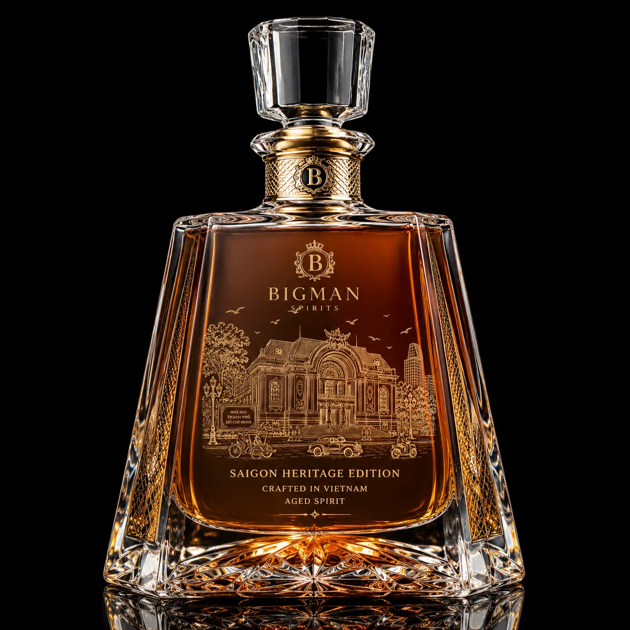 Chai thủy tinh cao cấp BS016 - Saigon Heritage — mẫu chai rượu thiết kế riêng BIGMAN SPIRITS, chính diện