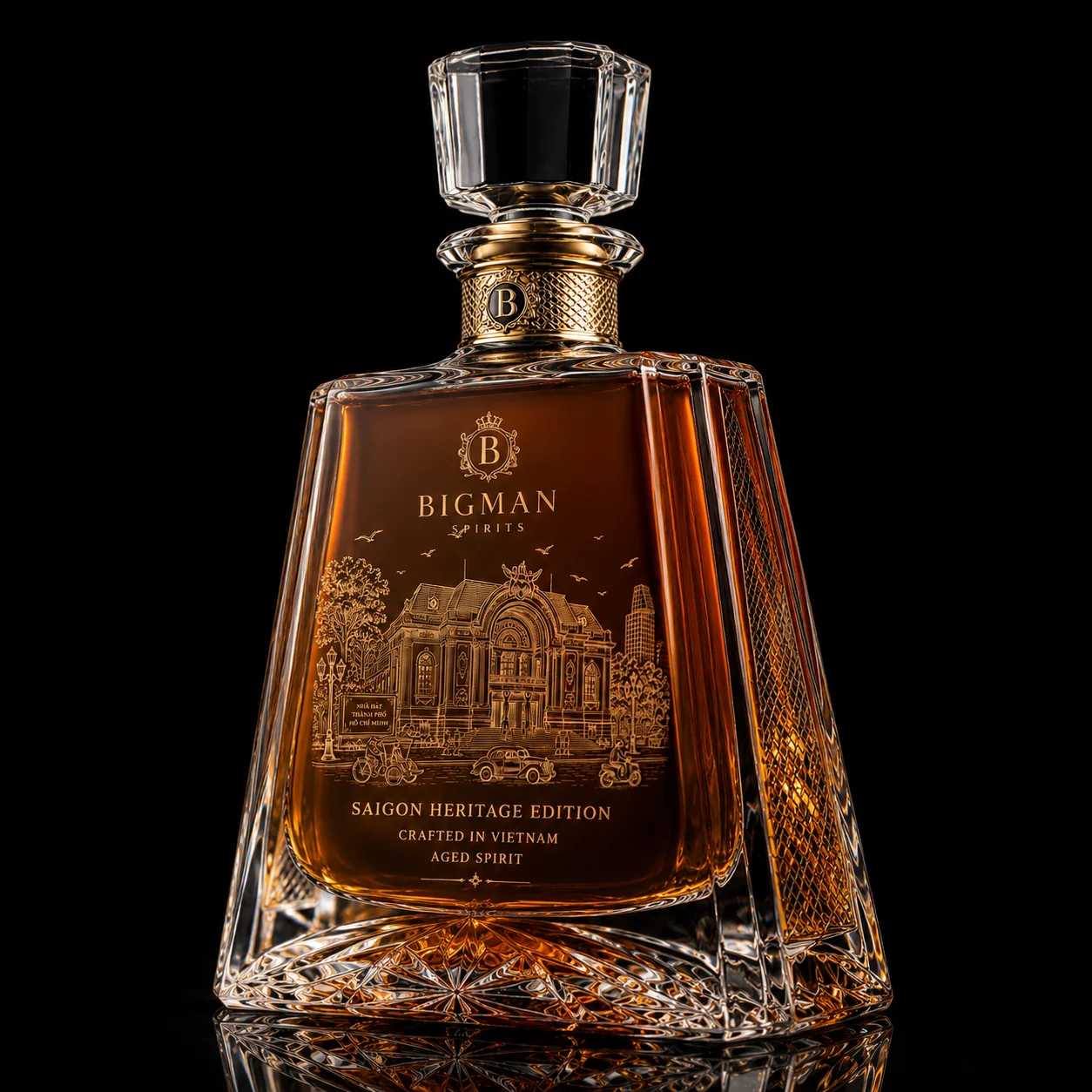 Chai thủy tinh cao cấp BS016 - Saigon Heritage — mẫu chai rượu thiết kế riêng BIGMAN SPIRITS, góc nghiêng 3/4