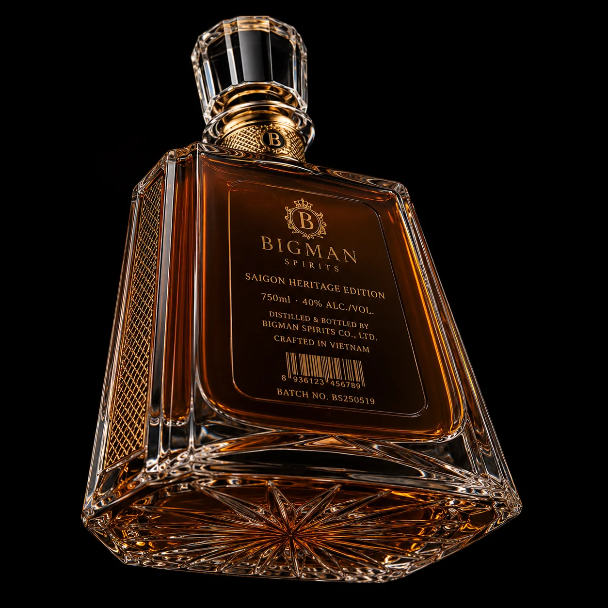 Chai thủy tinh cao cấp BS016 - Saigon Heritage — mẫu chai rượu thiết kế riêng BIGMAN SPIRITS, mặt sau và đáy chai