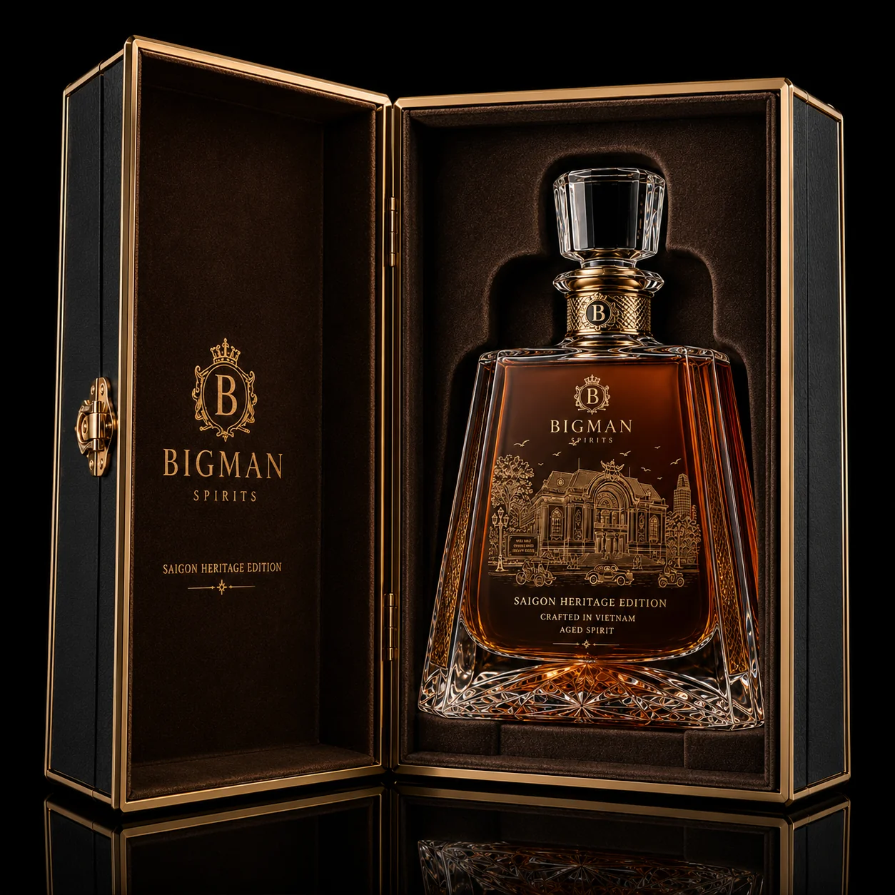 Hộp quà rượu mở, khay lót nhung ôm khít chai BS016 - Saigon Heritage — bao bì quà tặng cao cấp BIGMAN SPIRITS