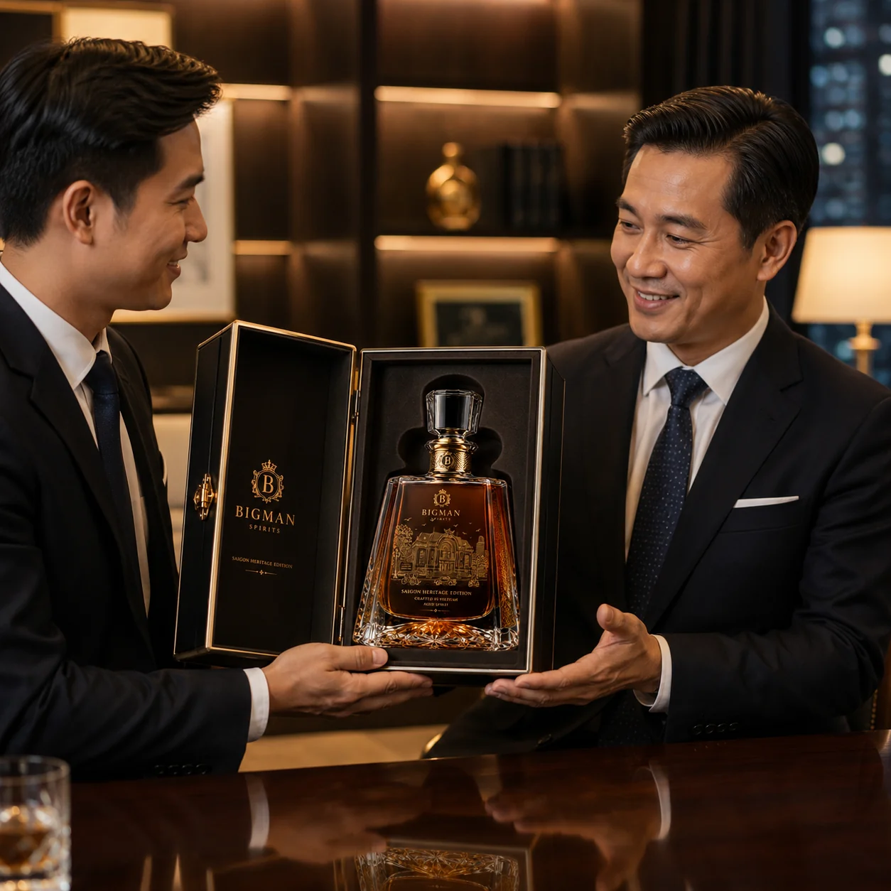 Trao quà tặng doanh nghiệp: bộ chai rượu và hộp quà cao cấp BS016 - Saigon Heritage — BIGMAN SPIRITS