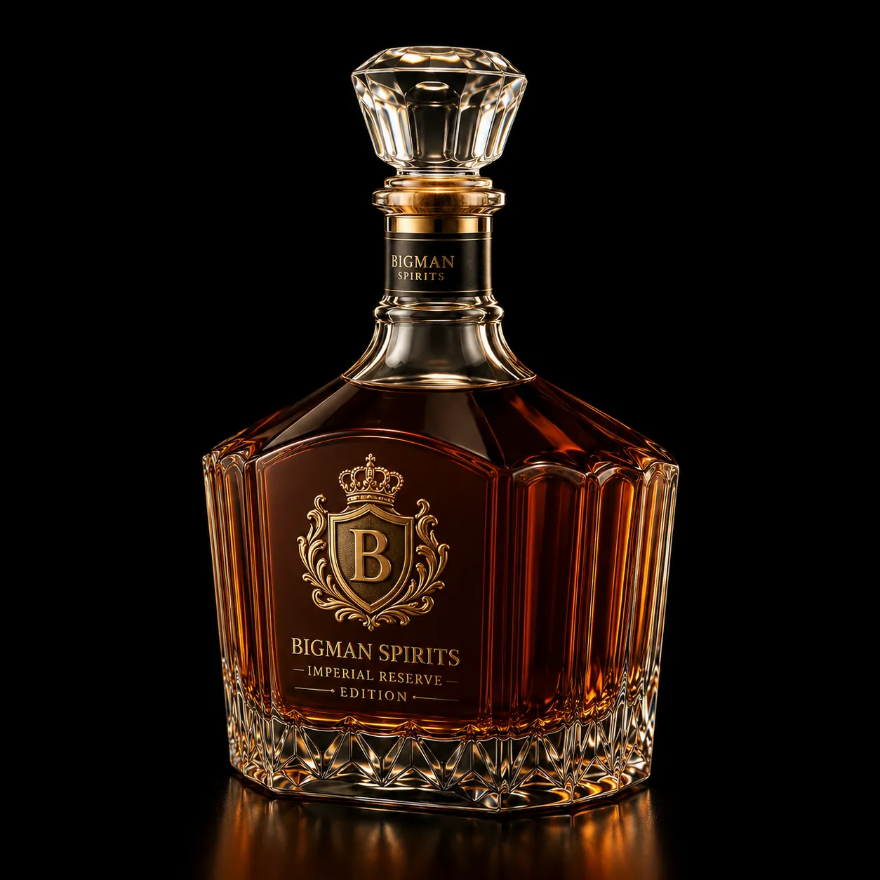 Chai thủy tinh cao cấp BS018 - Imperial Crown — mẫu chai rượu thiết kế riêng BIGMAN SPIRITS, góc nghiêng 3/4
