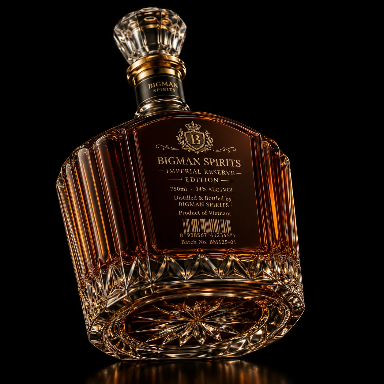 Chai thủy tinh cao cấp BS018 - Imperial Crown — mẫu chai rượu thiết kế riêng BIGMAN SPIRITS, mặt sau và đáy chai