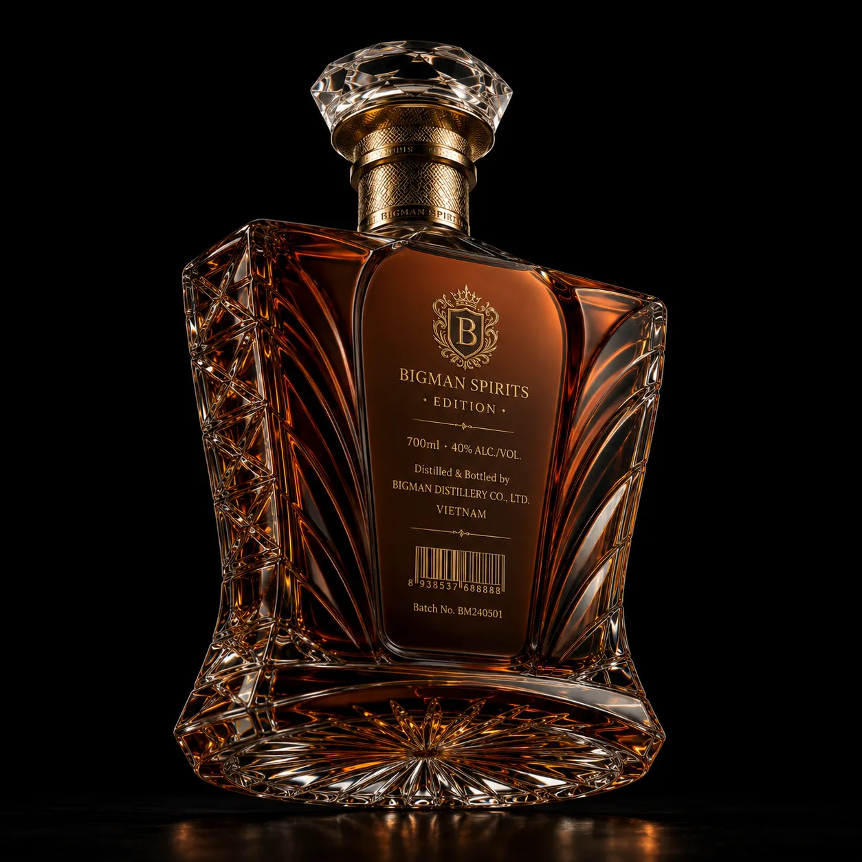 Chai thủy tinh cao cấp BS019 - Imperial Plume — mẫu chai rượu thiết kế riêng BIGMAN SPIRITS, mặt sau và đáy chai