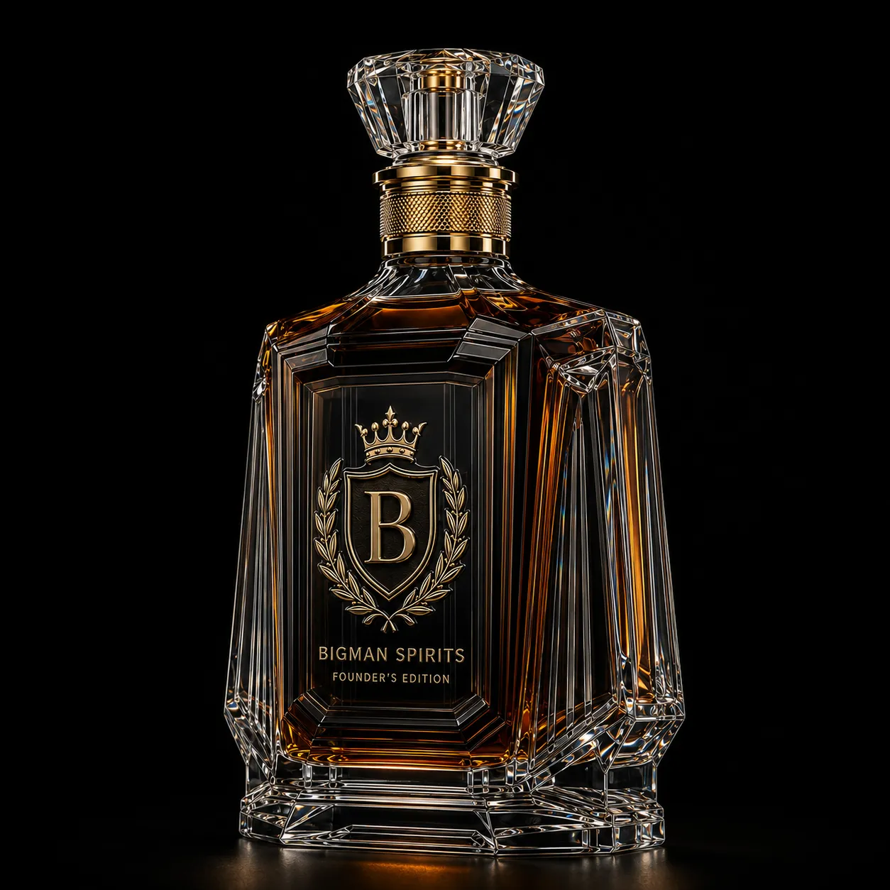Chai thủy tinh cao cấp BS020 - Founder Noir — mẫu chai rượu thiết kế riêng BIGMAN SPIRITS, góc nghiêng 3/4
