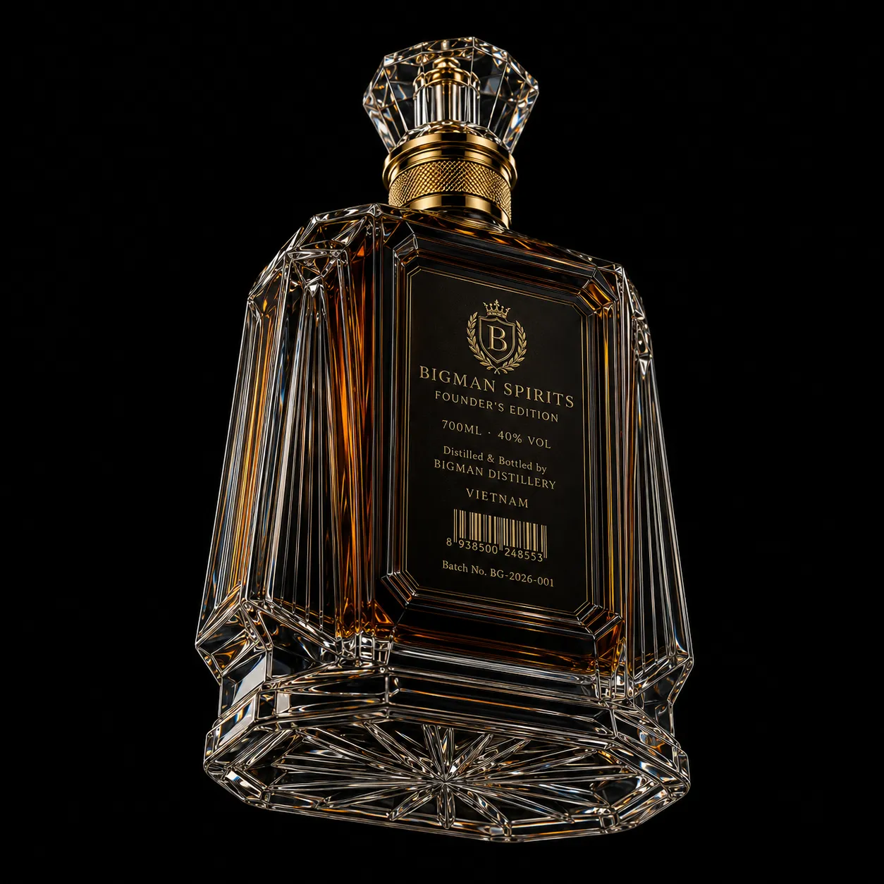 Chai thủy tinh cao cấp BS020 - Founder Noir — mẫu chai rượu thiết kế riêng BIGMAN SPIRITS, mặt sau và đáy chai