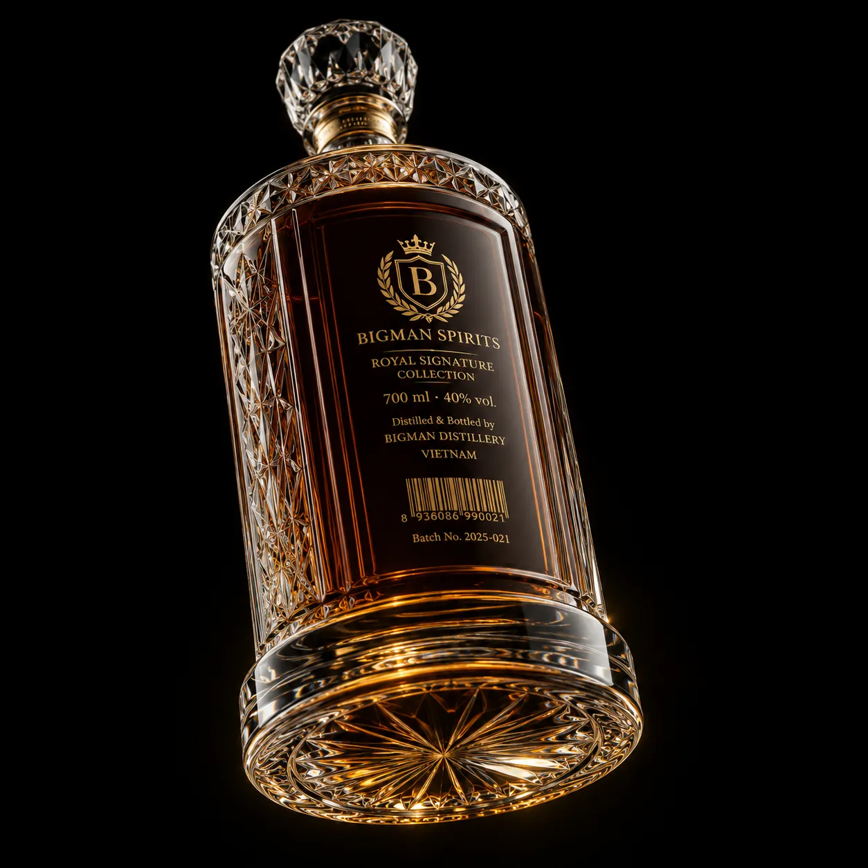 Chai thủy tinh cao cấp BS021 - Royal Signature — mẫu chai rượu thiết kế riêng BIGMAN SPIRITS, mặt sau và đáy chai